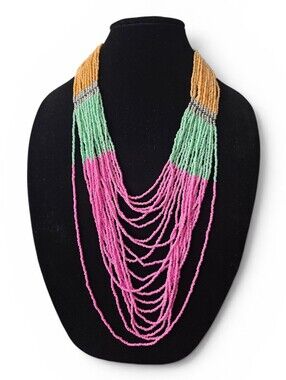 New Decree Pink, Mint & Gold Multi-Strand Beaded Necklace